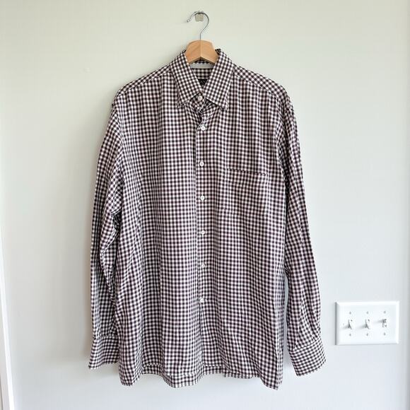 Canali Gingham Print Collared Long Sleeve Button Up Shirt Brown XL - Picture 1 of 8